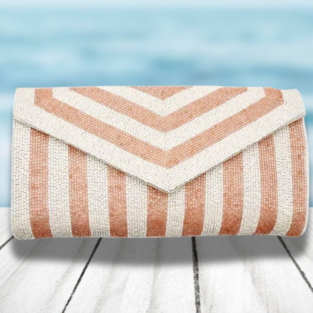 NEW Seed Beaded Ivory & Pink Striped Summer Crossbody Chain Clutch Handbag Bag - Picture 4 of 5